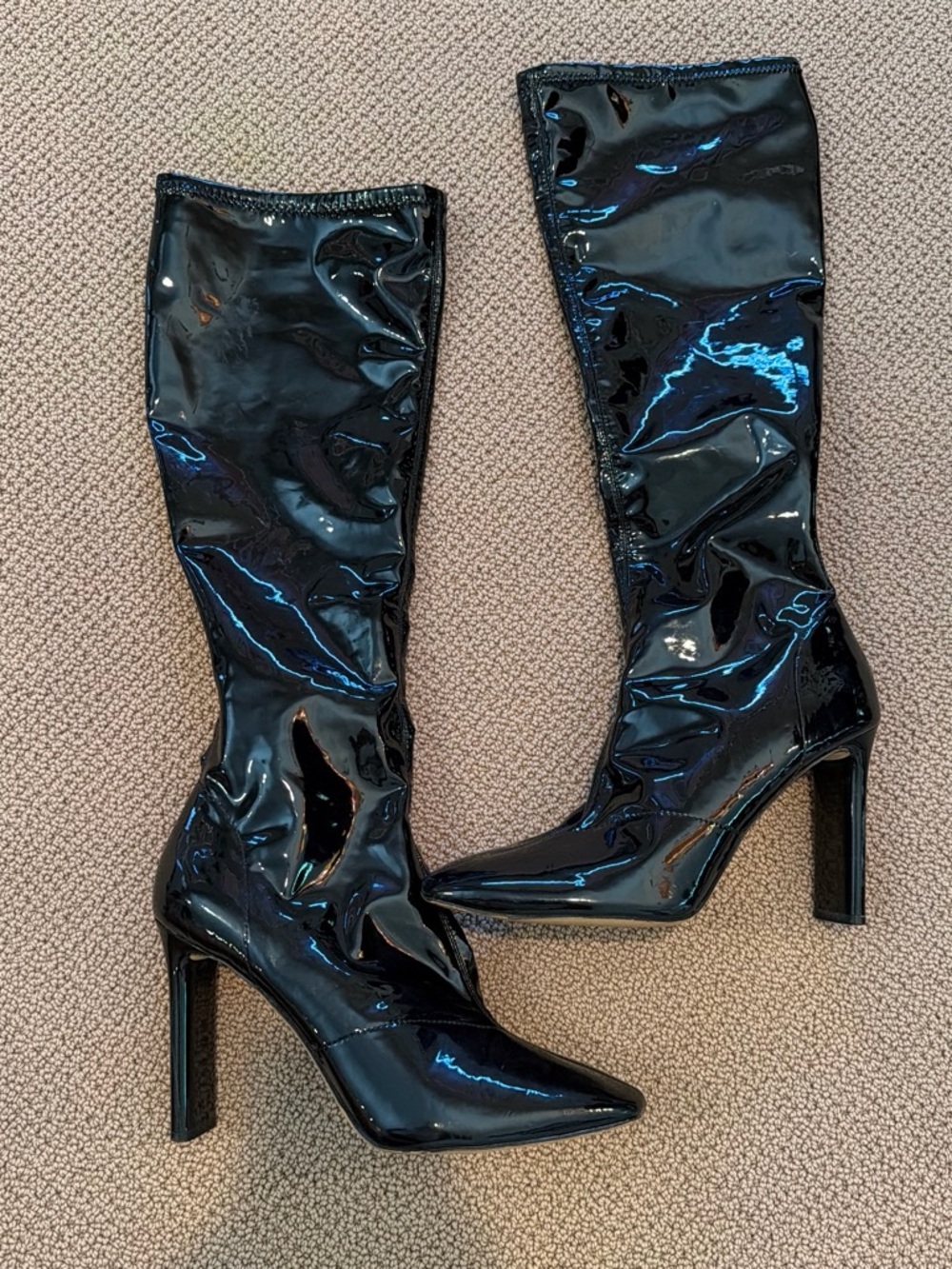 Aldo Black Patent Knee-High Pointed Toe Heeled Boots